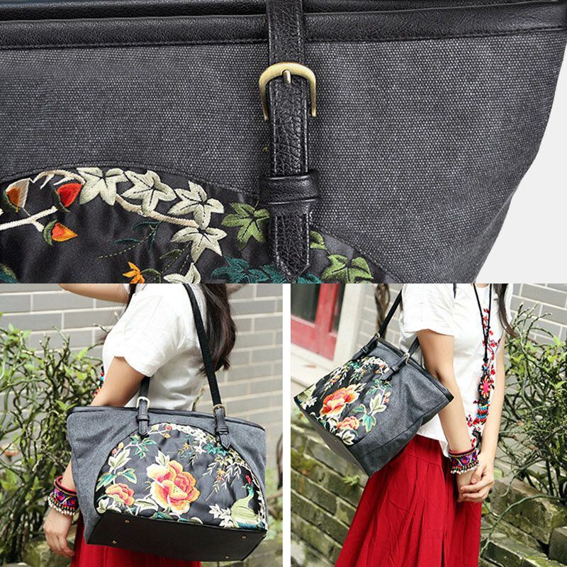 Damen Canvas Ethno Stil Bestickt Blumen Große Kapazität Handtasche Schultertasche Tote