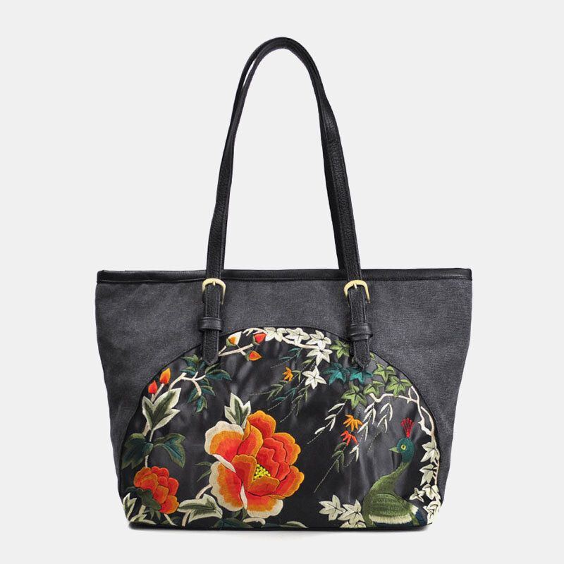 Damen Canvas Ethno Stil Bestickt Blumen Große Kapazität Handtasche Schultertasche Tote