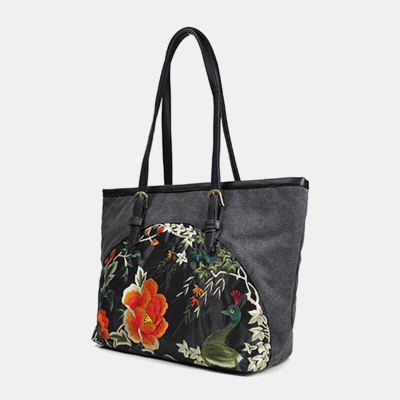 Damen Canvas Ethno Stil Bestickt Blumen Große Kapazität Handtasche Schultertasche Tote