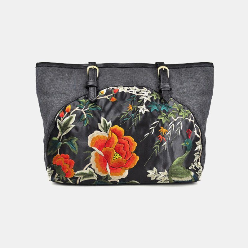 Damen Canvas Ethno Stil Bestickt Blumen Große Kapazität Handtasche Schultertasche Tote