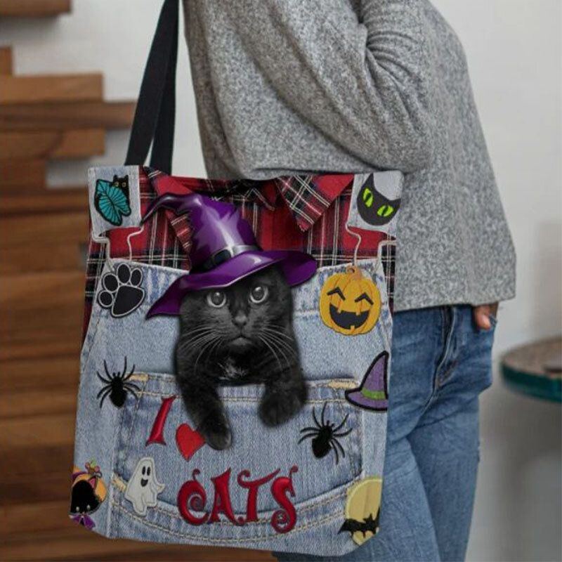 Damen Canvas Magic Hat Dreidimensionale 3d Nette Schwarze Katze Handtasche Tote Umhängetasche