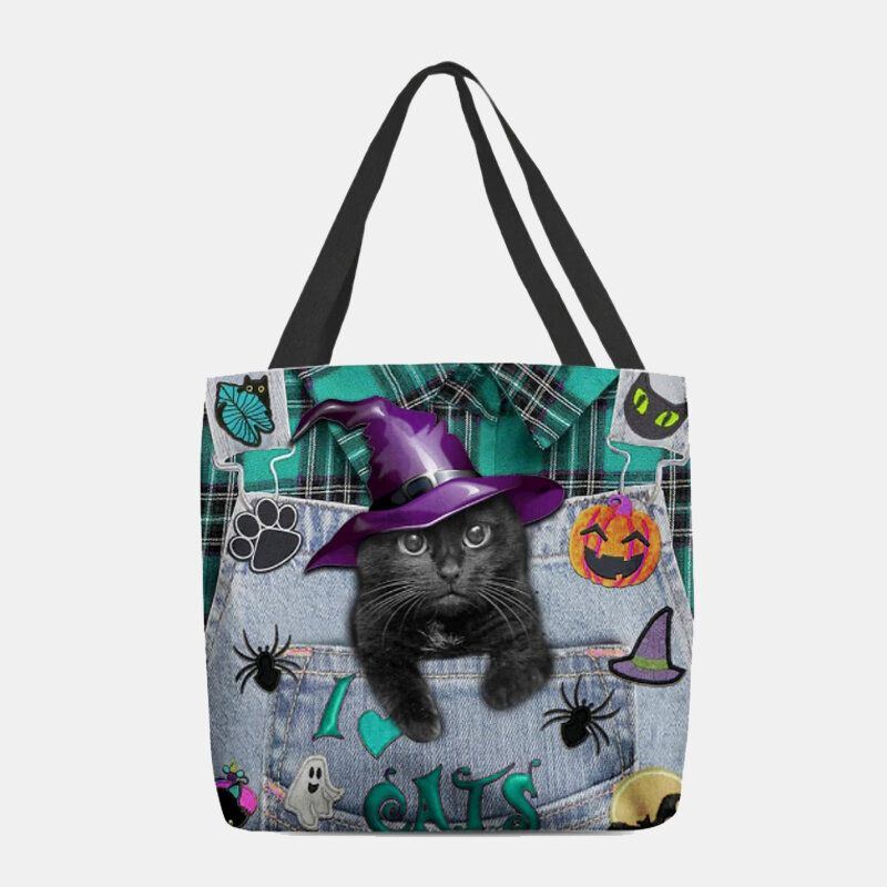 Damen Canvas Magic Hat Dreidimensionale 3d Nette Schwarze Katze Handtasche Tote Umhängetasche