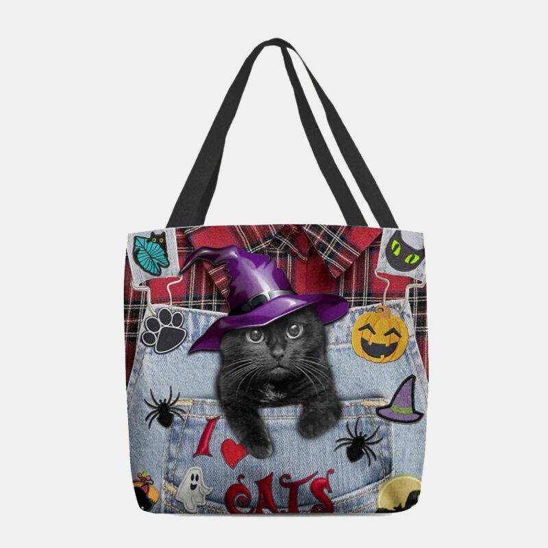 Damen Canvas Magic Hat Dreidimensionale 3d Nette Schwarze Katze Handtasche Tote Umhängetasche