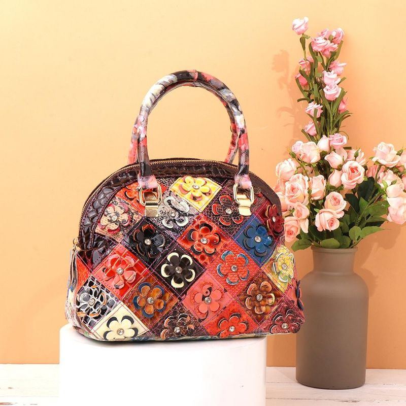 Damen Echtes Leder Böhmische Blumenhandtasche