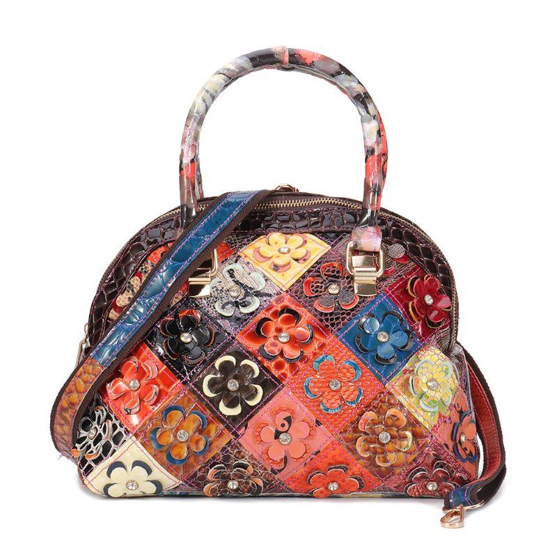 Damen Echtes Leder Böhmische Blumenhandtasche