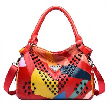 Damen Echtes Leder Niet Mode Patchwork Handtasche