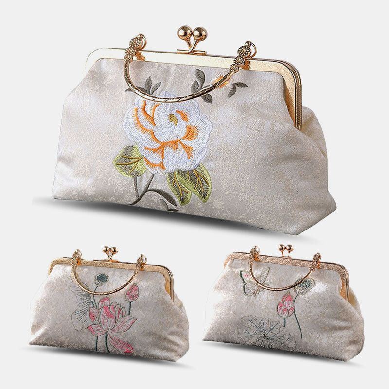 Damen Elegante Chinesische Art Blumen Muster Stickerei Handtasche Exquisite Hardware Entwurfs Feine Beschaffenheits Stoff Cheongsam Handtasche