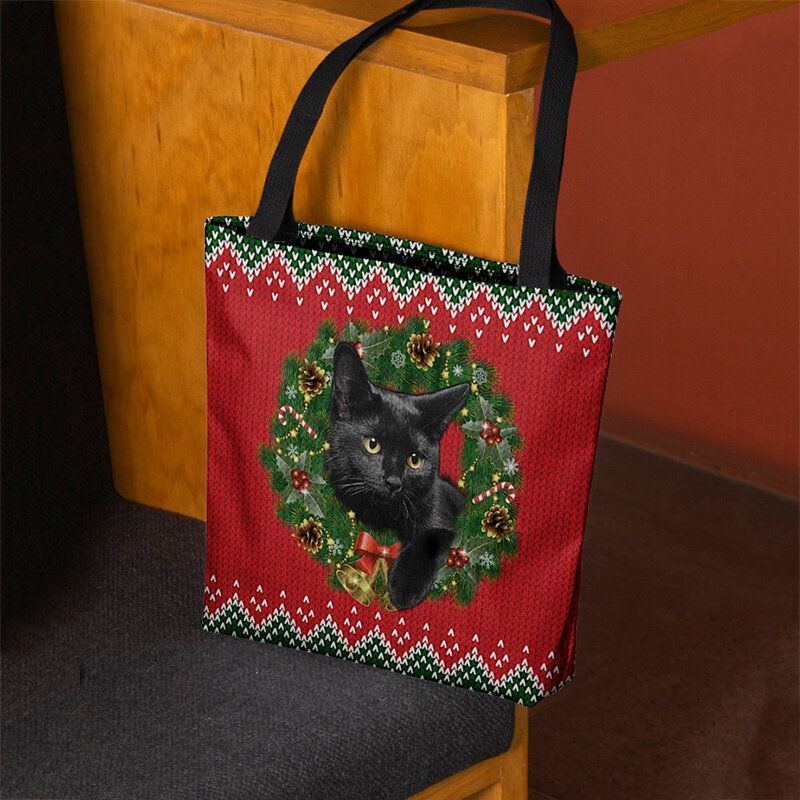 Damen Filz Cartoon Festliche Klassische Farbe Weihnachtskranz Katze Muster Umhängetasche Handtasche Tote