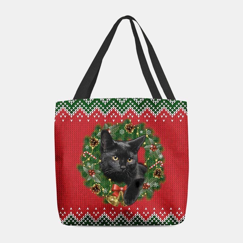 Damen Filz Cartoon Festliche Klassische Farbe Weihnachtskranz Katze Muster Umhängetasche Handtasche Tote