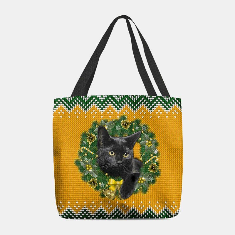 Damen Filz Cartoon Festliche Klassische Farbe Weihnachtskranz Katze Muster Umhängetasche Handtasche Tote