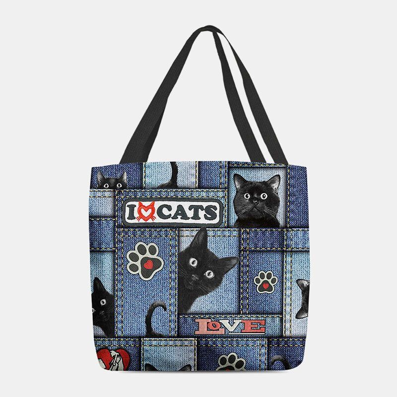 Damen Filz Cartoon Schwarze Katze Gitterrahmen Muster Umhängetasche Handtasche Tote