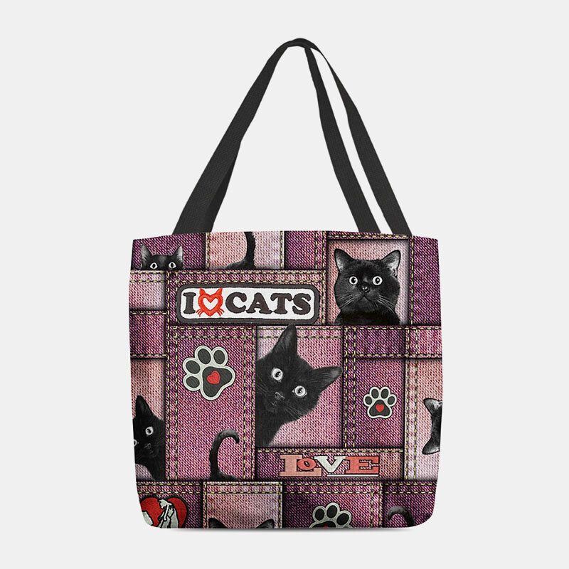 Damen Filz Cartoon Schwarze Katze Gitterrahmen Muster Umhängetasche Handtasche Tote