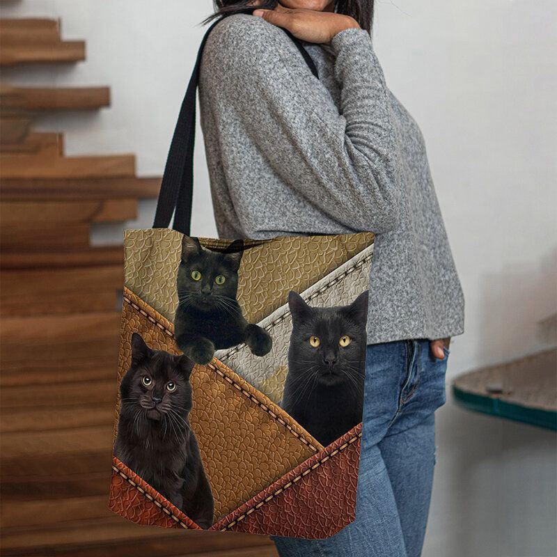 Damen Filz Katzen Muster Patchwork Druck Handtasche Umhängetasche Tragetasche