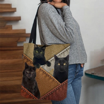 Damen Filz Katzen Muster Patchwork Druck Handtasche Umhängetasche Tragetasche