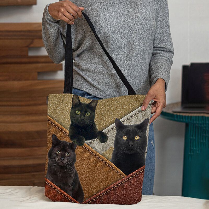 Damen Filz Katzen Muster Patchwork Druck Handtasche Umhängetasche Tragetasche