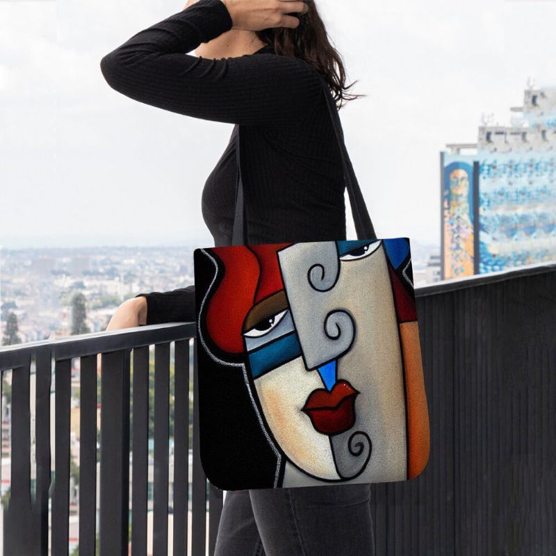 Damen Filz Picasso Stil Mehrfarbige Cartoon Figur Print Handtasche Umhängetasche Tragetasche