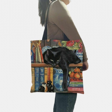 Damen Filz Süße Katze Bücherregal Literarische Werke Muster Umhängetasche Handtasche Tote