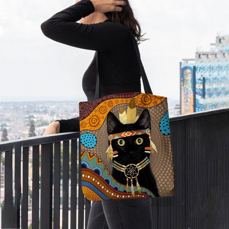 Damen Fühlte Niedlichen Cartoon Ägyptischen Gekleidet Schwarze Katze Muster Umhängetasche Handtasche Tote