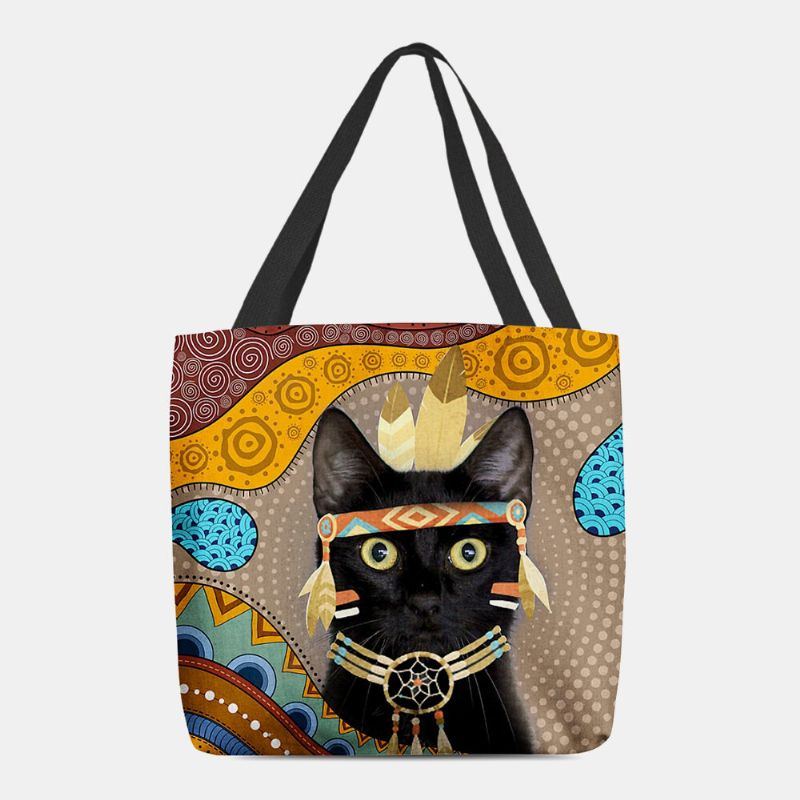 Damen Fühlte Niedlichen Cartoon Ägyptischen Gekleidet Schwarze Katze Muster Umhängetasche Handtasche Tote