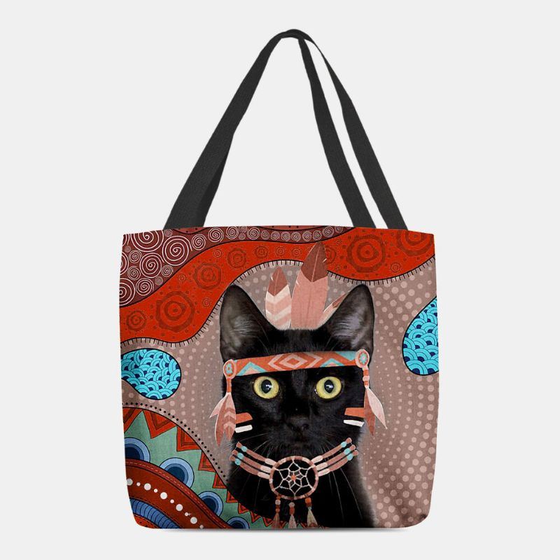 Damen Fühlte Niedlichen Cartoon Ägyptischen Gekleidet Schwarze Katze Muster Umhängetasche Handtasche Tote