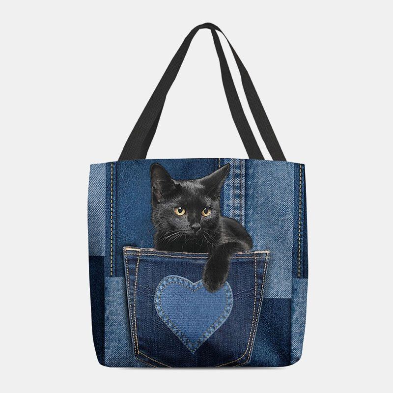 Damen Fühlten Nette Dreidimensionale Schwarze Katze 3d Innerhalb Jeans Muster Umhängetasche Handtaschen Tote