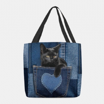 Damen Fühlten Nette Dreidimensionale Schwarze Katze 3d Innerhalb Jeans Muster Umhängetasche Handtaschen Tote