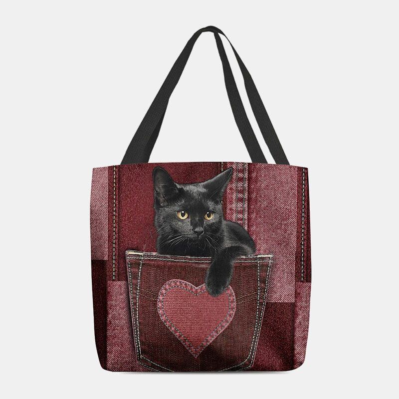 Damen Fühlten Nette Dreidimensionale Schwarze Katze 3d Innerhalb Jeans Muster Umhängetasche Handtaschen Tote