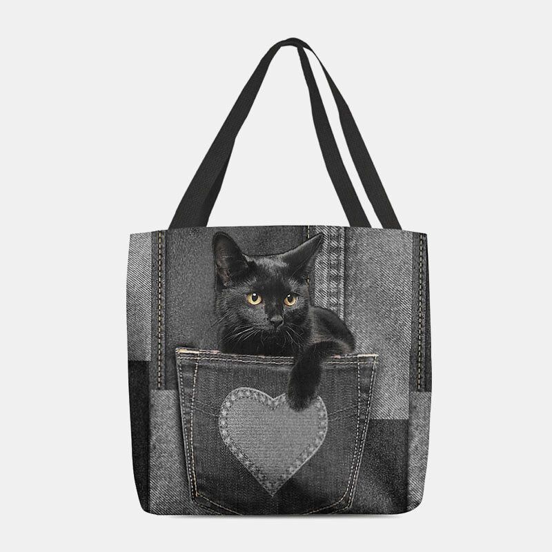 Damen Fühlten Nette Dreidimensionale Schwarze Katze 3d Innerhalb Jeans Muster Umhängetasche Handtaschen Tote