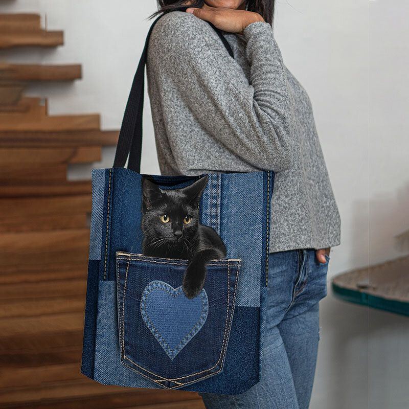 Damen Fühlten Nette Dreidimensionale Schwarze Katze 3d Innerhalb Jeans Muster Umhängetasche Handtaschen Tote