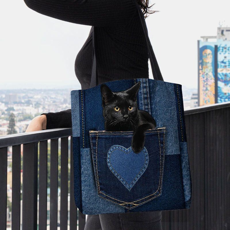 Damen Fühlten Nette Dreidimensionale Schwarze Katze 3d Innerhalb Jeans Muster Umhängetasche Handtaschen Tote