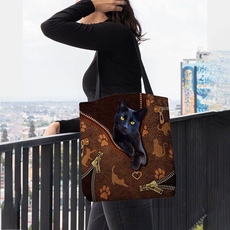 Damen Fühlten Sich Niedlich 3d Dreidimensionale Cartoon Schwarze Katze Muster Umhängetasche Handtasche Tote