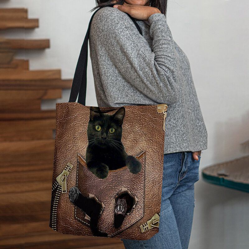 Damen Fühlten Sich Niedlich 3d Dreidimensionale Cartoon Schwarze Katze Muster Umhängetasche Handtasche Tote