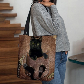 Damen Fühlten Sich Niedlich 3d Dreidimensionale Cartoon Schwarze Katze Muster Umhängetasche Handtasche Tote