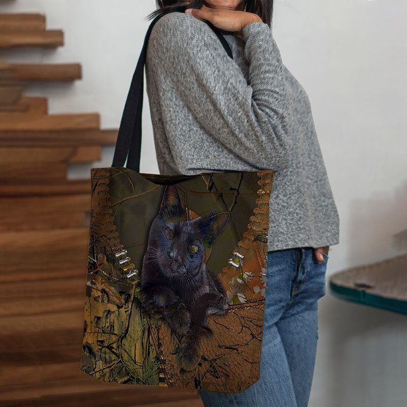 Damen Fühlten Sich Niedlich 3d Dreidimensionale Cartoon Schwarze Katze Zweig Muster Umhängetasche Handtasche Tote