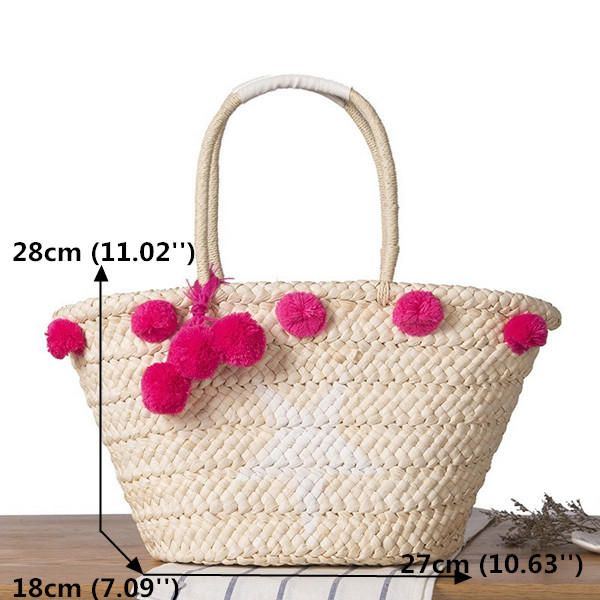 Damen Gewebtes Stroh Strand Handtasche Reise Plüsch Ball Tasche Tragetasche