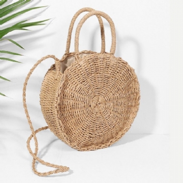 Damen Handgewebte Tasche Runde Rattanstroh Bohemia Style Beach Circle Strandtaschen