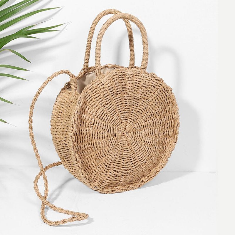 Damen Handgewebte Tasche Runde Rattanstroh Bohemia Style Beach Circle Strandtaschen