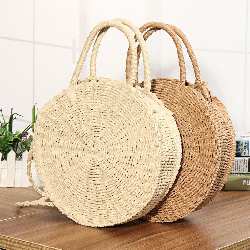 Damen Handgewebte Tasche Runde Rattanstroh Bohemia Style Beach Circle Strandtaschen