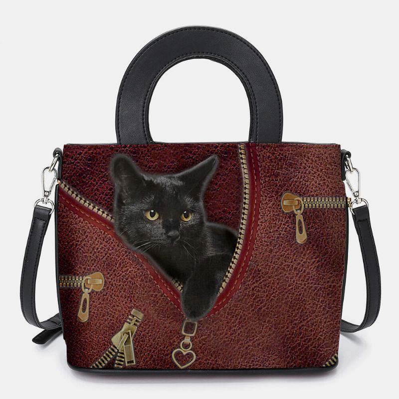 Damen Kunstleder Karikatur Schwarze Katzen Muster Multi Carry Handtasche Umhängetasche Umhängetasche