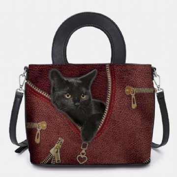 Damen Kunstleder Karikatur Schwarze Katzen Muster Multi Carry Handtasche Umhängetasche Umhängetasche