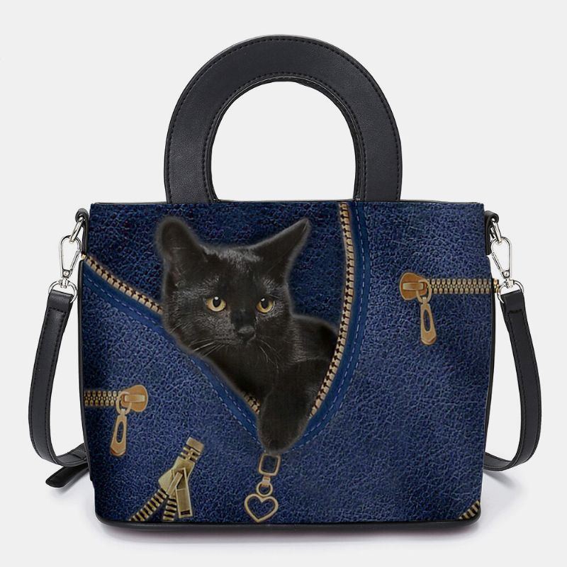 Damen Kunstleder Karikatur Schwarze Katzen Muster Multi Carry Handtasche Umhängetasche Umhängetasche