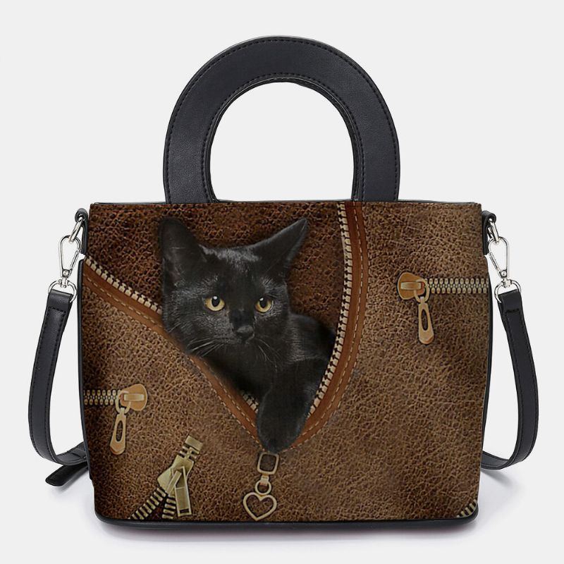 Damen Kunstleder Karikatur Schwarze Katzen Muster Multi Carry Handtasche Umhängetasche Umhängetasche