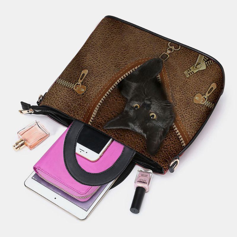 Damen Kunstleder Karikatur Schwarze Katzen Muster Multi Carry Handtasche Umhängetasche Umhängetasche