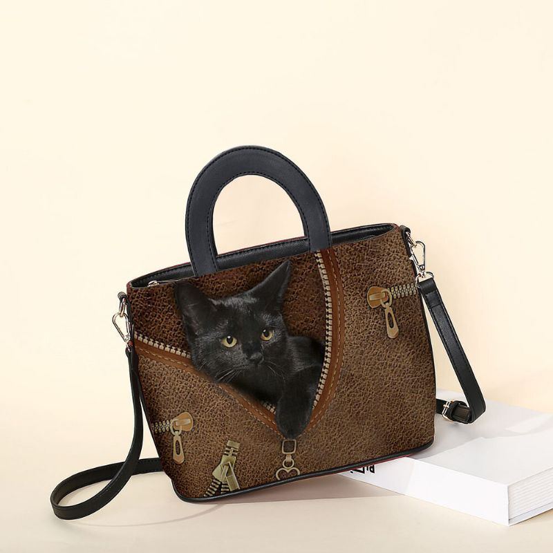 Damen Kunstleder Karikatur Schwarze Katzen Muster Multi Carry Handtasche Umhängetasche Umhängetasche