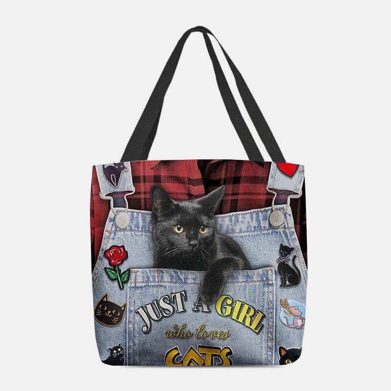 Damen Leinwand Dreidimensionale 3d Nette Schwarze Katze Handtasche Tote Umhängetasche