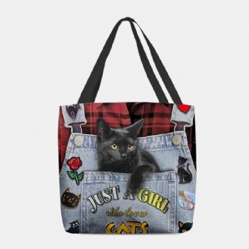 Damen Leinwand Dreidimensionale 3d Nette Schwarze Katze Handtasche Tote Umhängetasche