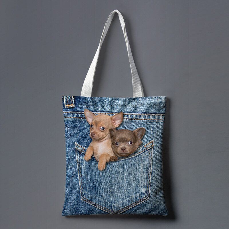 Damen Leinwand Katze Hund Innen Jeans Muster Große Kapazität Schultasche Umhängetasche Handtasche Tragetasche