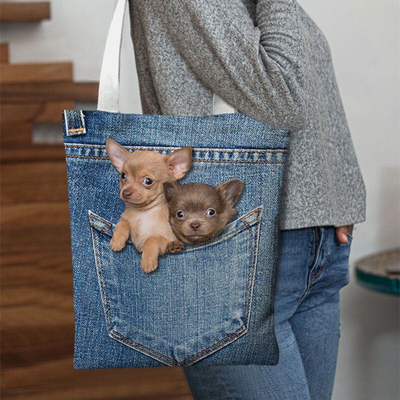 Damen Leinwand Katze Hund Innen Jeans Muster Große Kapazität Schultasche Umhängetasche Handtasche Tragetasche