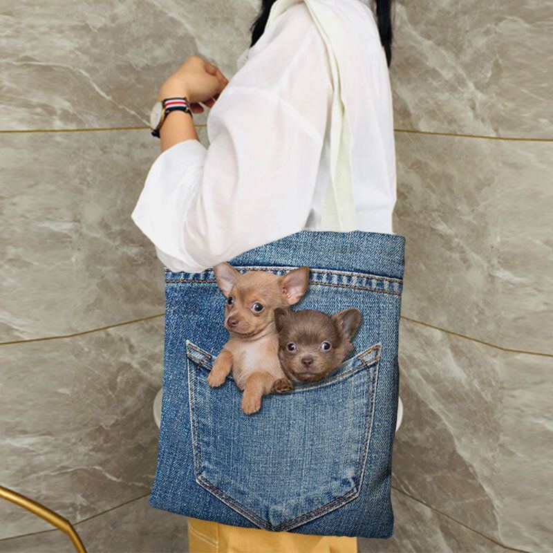 Damen Leinwand Katze Hund Innen Jeans Muster Große Kapazität Schultasche Umhängetasche Handtasche Tragetasche