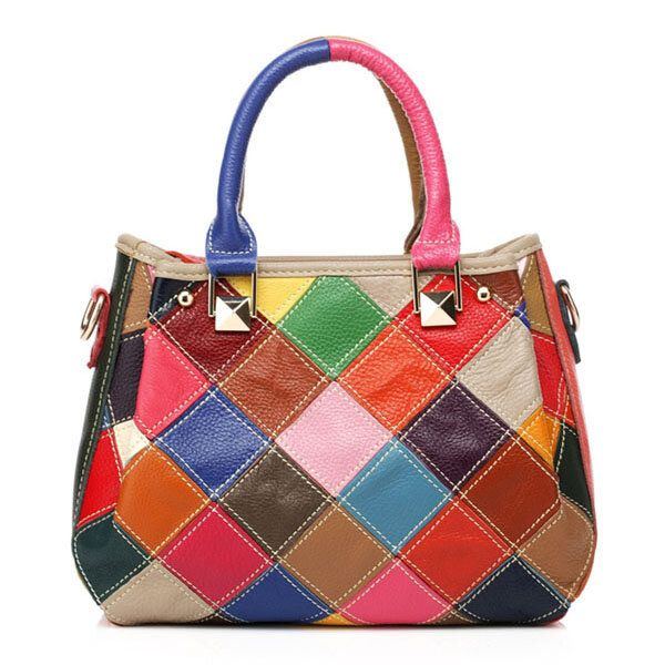 Damen Patchwork Rindsleder Bunte Handtasche Tote Handtasche Umhängetasche